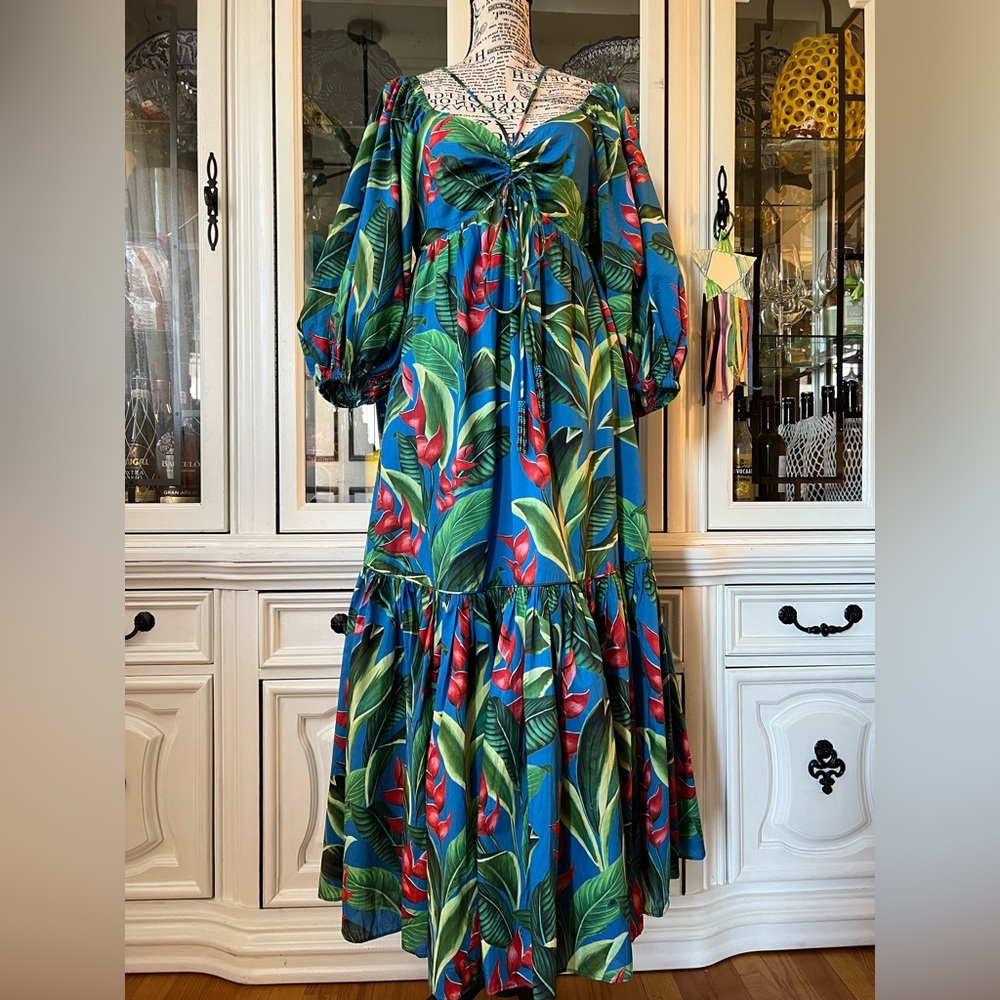 FARM Rio Blue and Green Tropical Print Balloon Sleeves Maxi Dress S - Picture 16 of 16